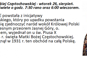 Święto Matki Boskiej Częstochowskiej – Msze Święte o godzinie 7:30 rano oraz o 6:00 wieczorem